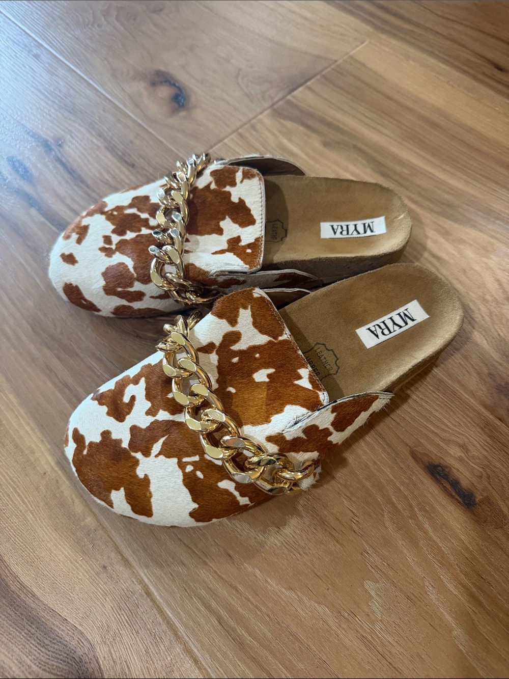 Myra Bag Cow-Print Mule with Gold Chain - Brown/White